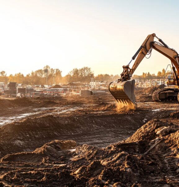 The powerful excavator digs vigorously into the ground at a bustling construction site during sunset, highlighting the dynamic process of earthmoving and site preparation The powerful excavator digs vigorously into the ground at a bustling construction site during sunset, highlighting the dynamic process of earthmoving and site preparation